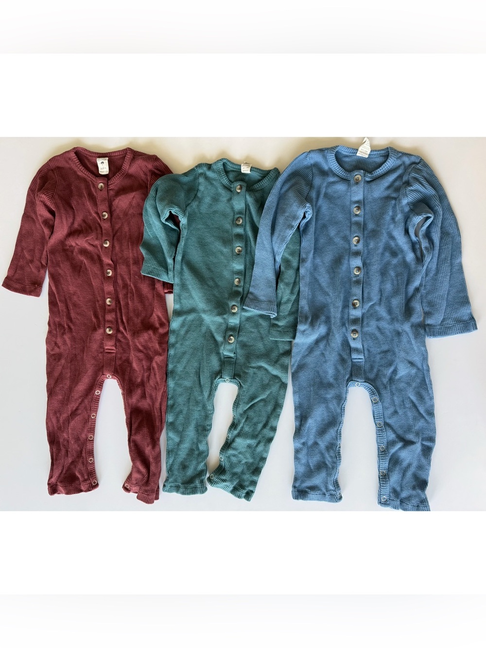 kate quinn Waffle-Knit Snap Romper Set in Maroon, Teal, and Blue